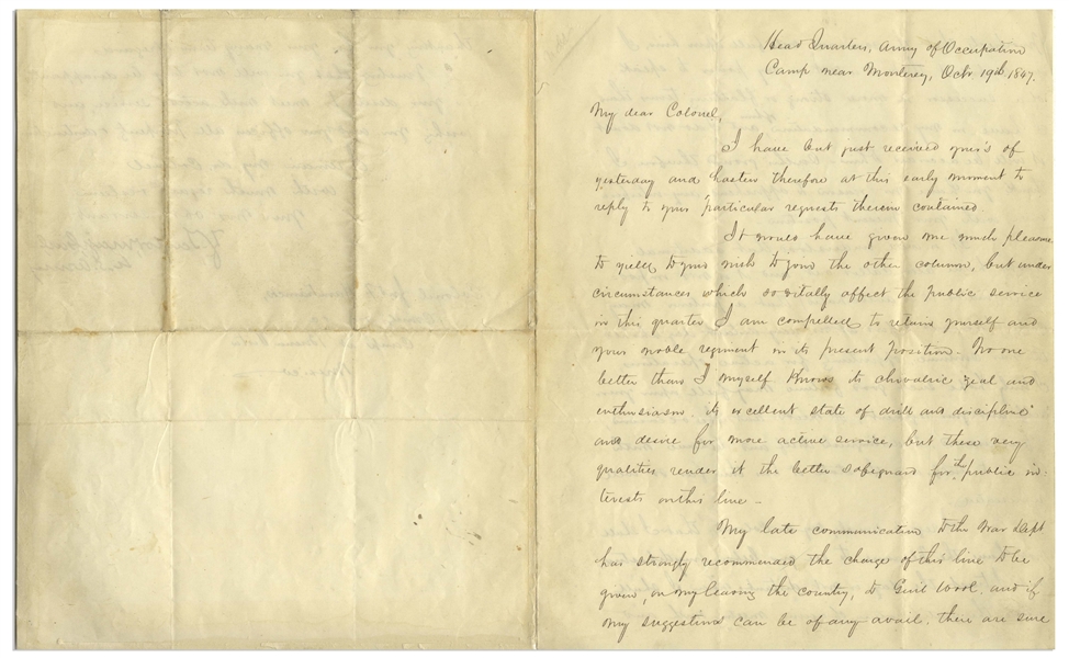 Zachary Taylor Letter Signed During the Mexican-American War -- Taylor Artfully Tells a Colonel That He Can't Move His Command to an Area Where There's Fighting